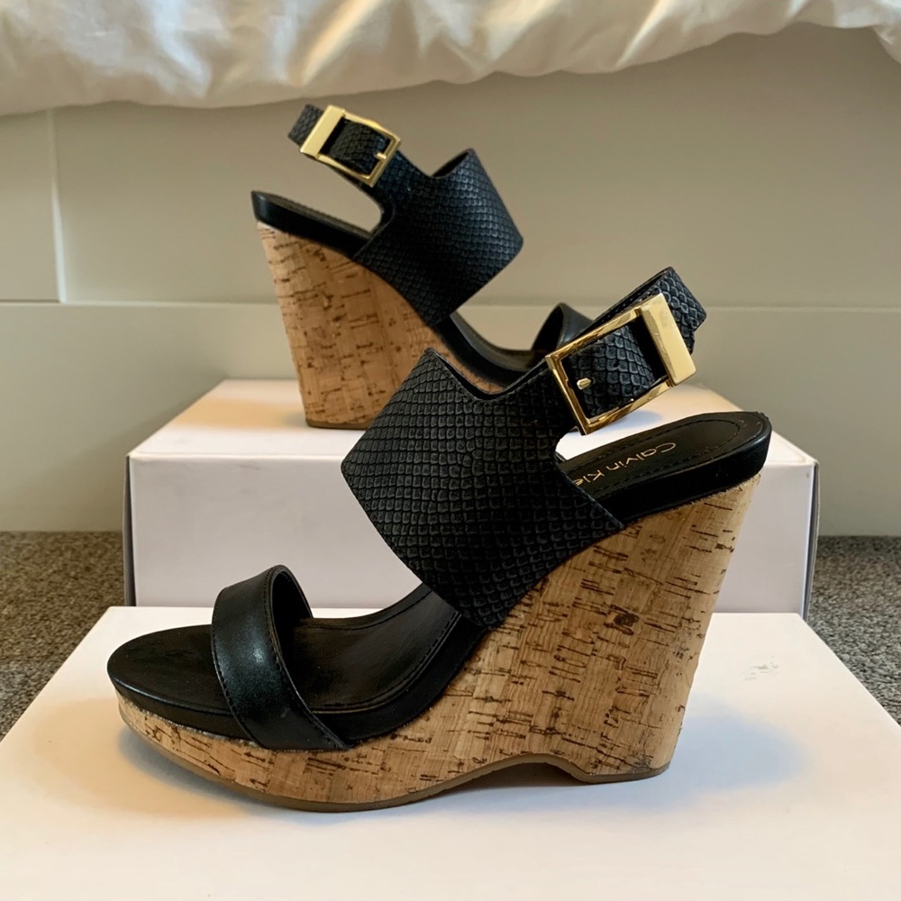 Calvin Klein black 5-inch cork wedges
